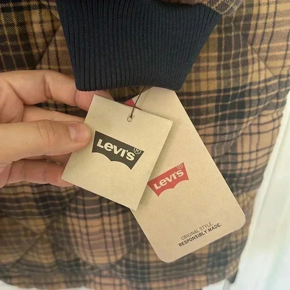 Levi's Checkered Wool-Blend Puffer Coat - Brown and Navy - Picture 12 of 14